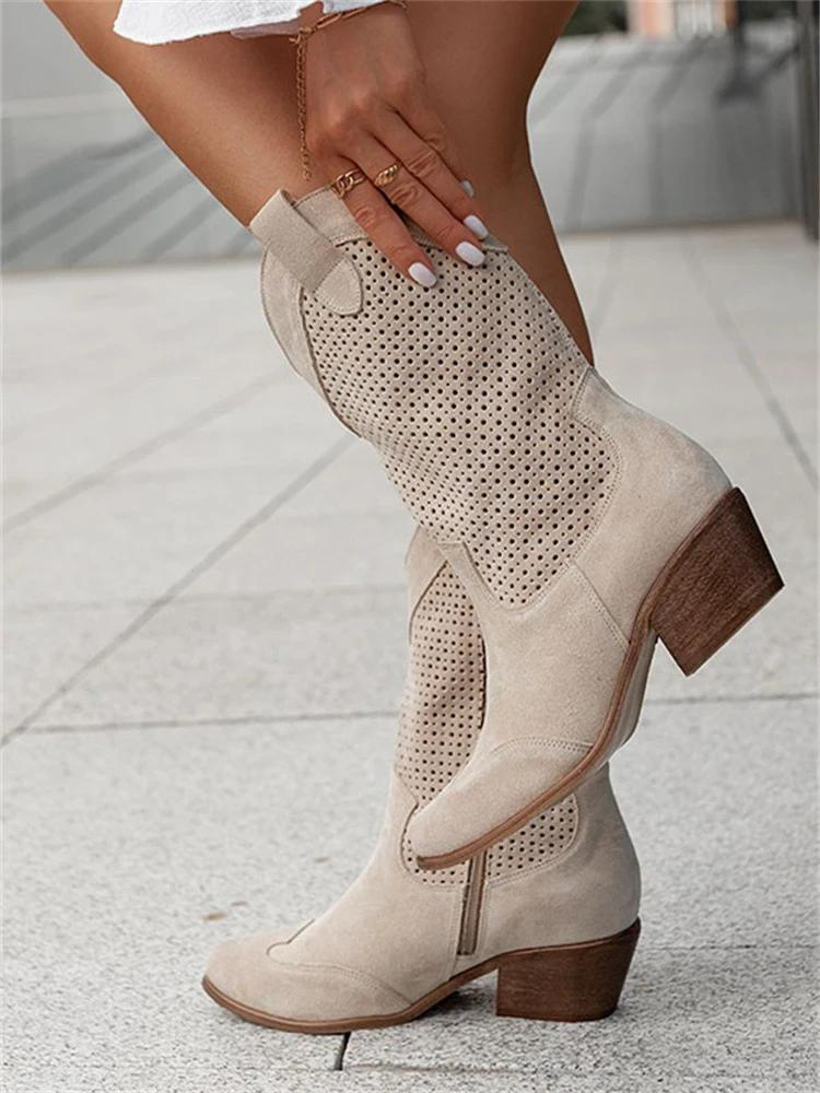 Street Wave White Perforated Western Boots For Women With Easy Zip Closure Breathable Comfort