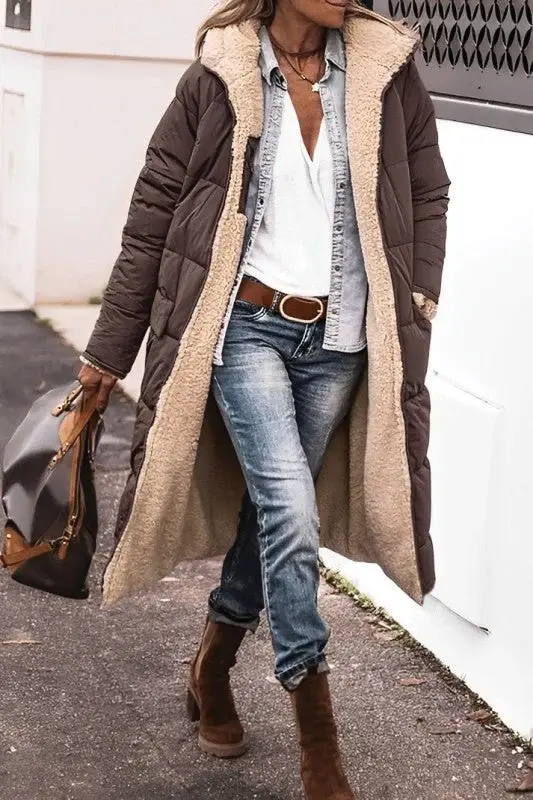 Street Wave Women Reversible Long Puffer Coat With Faux Fur Lining