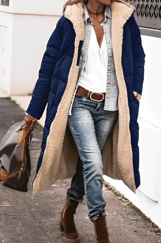 Street Wave Women Reversible Long Puffer Coat With Faux Fur Lining