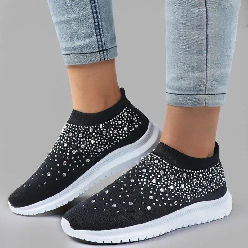 Rhinestone Slip On Sneakers Street Wave For Women Lightweight Comfort
