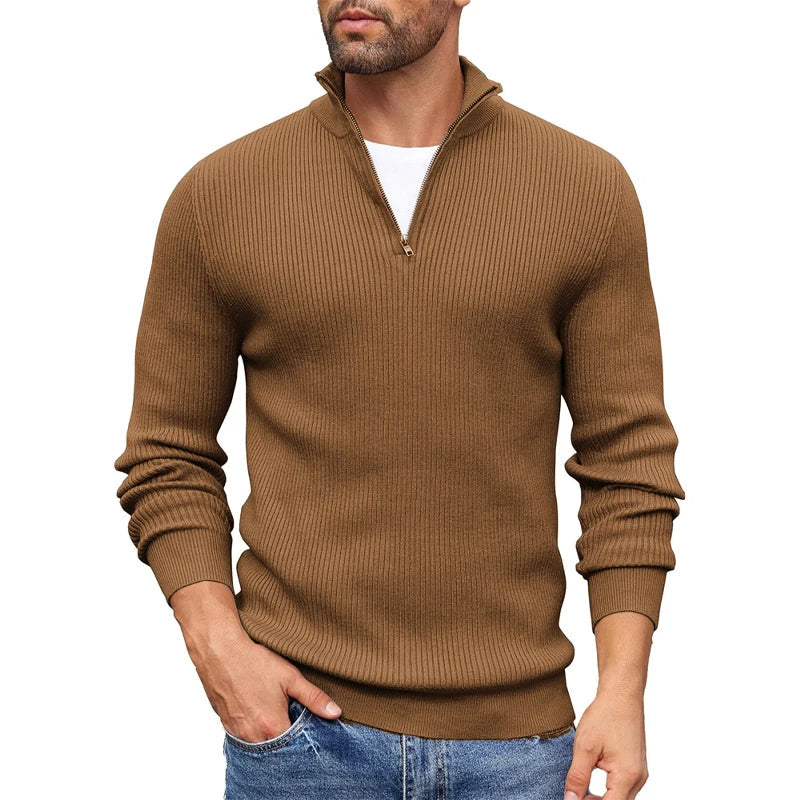 Men's Ribbed Knit Half Zip Collar Sweater Slim Fit Warm Pullover By Street-Wave Casual Everyday Essential