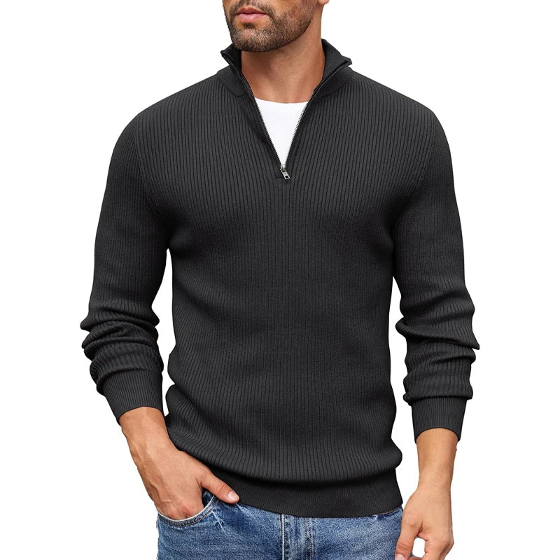 Men's Ribbed Knit Half Zip Collar Sweater Slim Fit Warm Pullover By Street-Wave Casual Everyday Essential