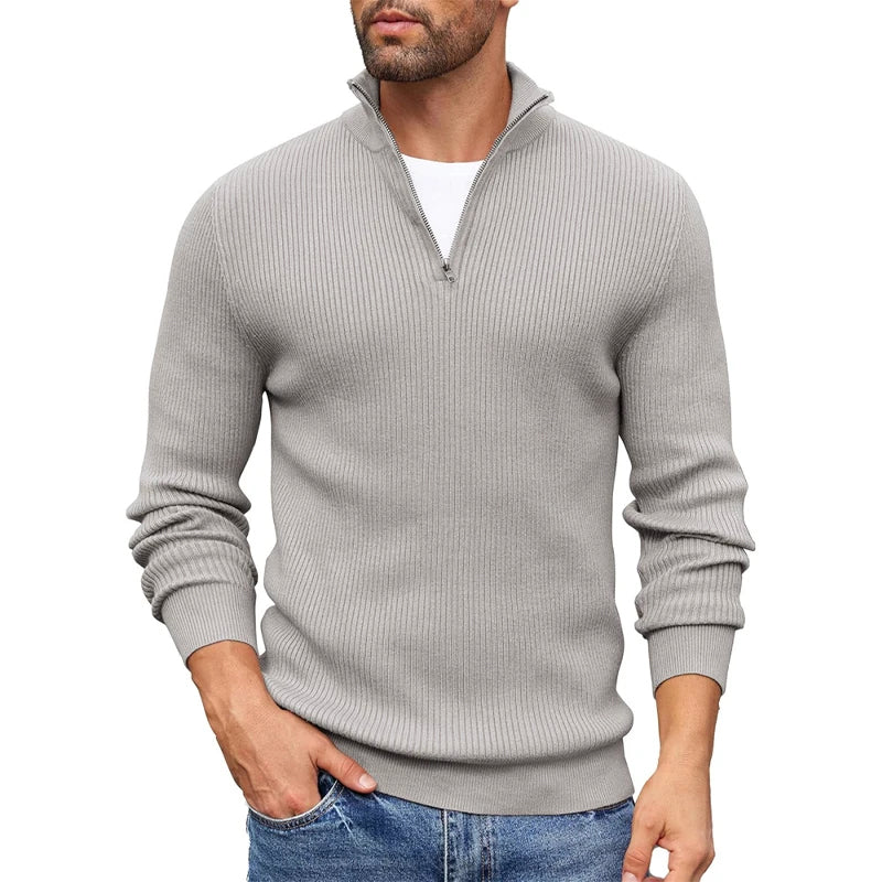 Men's Ribbed Knit Half Zip Collar Sweater Slim Fit Warm Pullover By Street-Wave Casual Everyday Essential