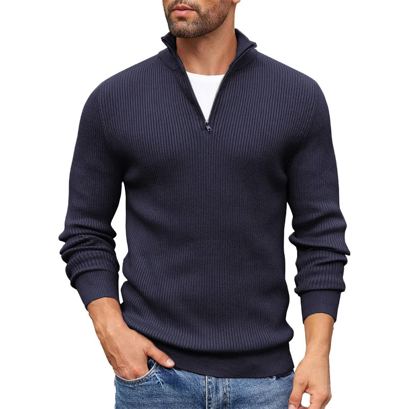 Men's Ribbed Knit Half Zip Collar Sweater Slim Fit Warm Pullover By Street-Wave Casual Everyday Essential