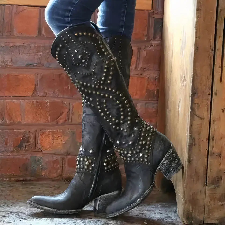 Rivet Long Heel Boots For Women Street-Wave Bold Rivet Detailing