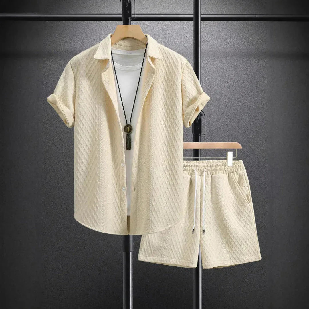 Mens Casual Summer Set With Textured Short Sleeve Shirt And Drawstring Shorts Breathable Beach Ready