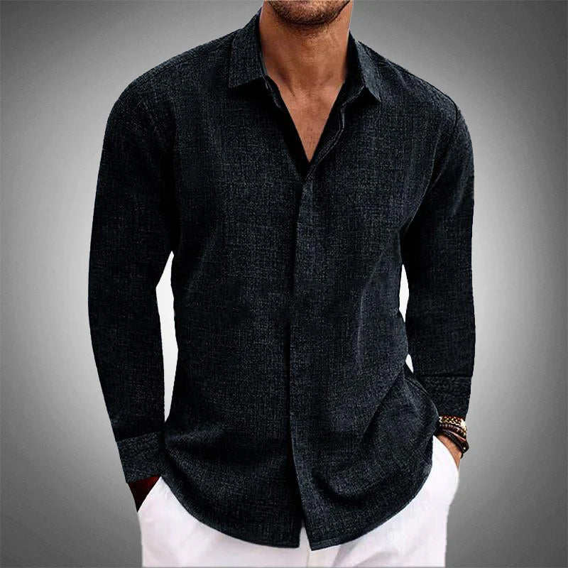 Street-Wave Roberto Relaxed Fit Button Up Shirt For Men Solid Collared Long Sleeve Spring Style