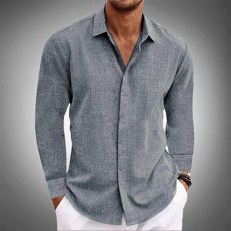 Street-Wave Roberto Relaxed Fit Button Up Shirt For Men Solid Collared Long Sleeve Spring Style