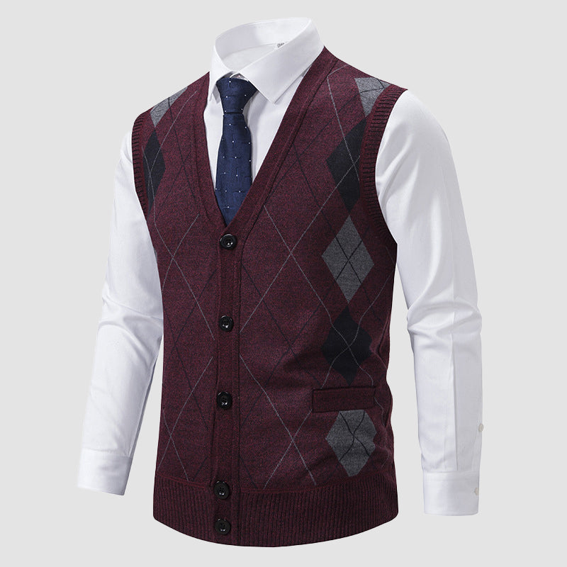 Roberto Russo Diamond Knitted Vest for Men with Diamond Pattern Tailored Modern Cardigan Layer