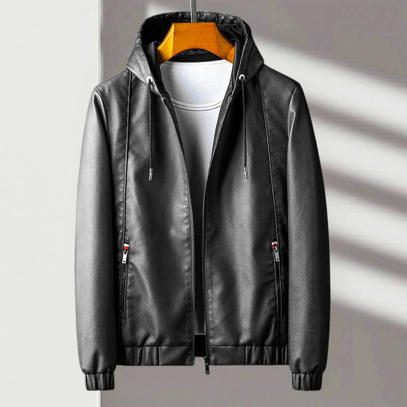 Street-Wave Men's Versatile Hooded Faux Leather Jacket Full Zip Zippered Pockets