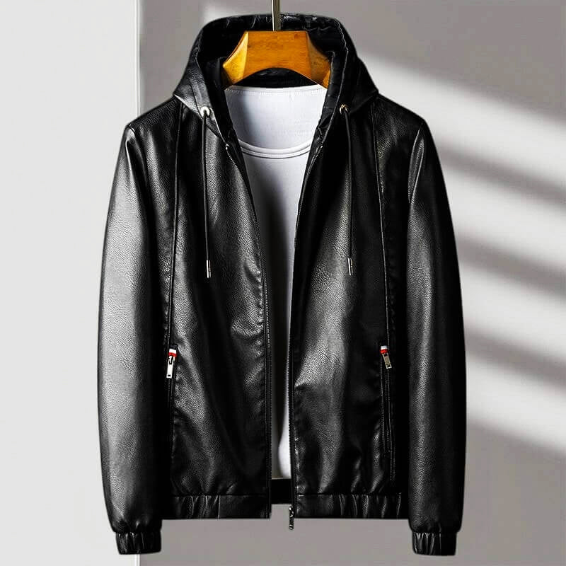 Street-Wave Men's Versatile Hooded Faux Leather Jacket Full Zip Zippered Pockets