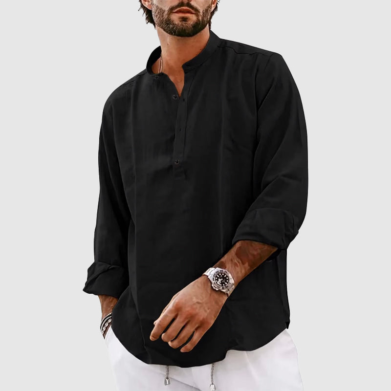 Men's Linen Henley Shirt 100% Linen Relaxed Fit Stand Collar Long Sleeve Casual Top For Summer