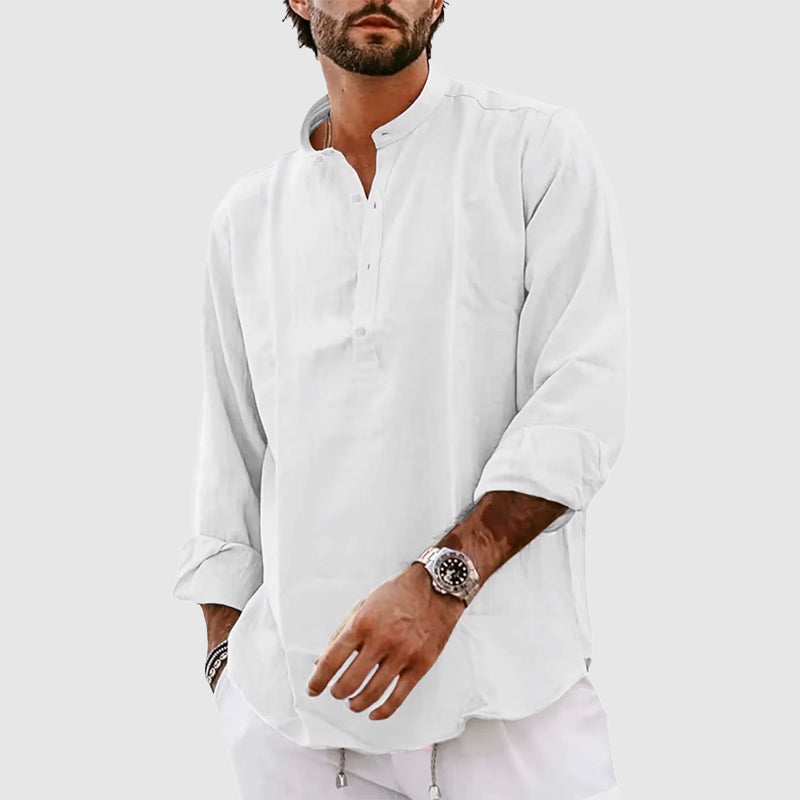Men's Linen Henley Shirt 100% Linen Relaxed Fit Stand Collar Long Sleeve Casual Top For Summer
