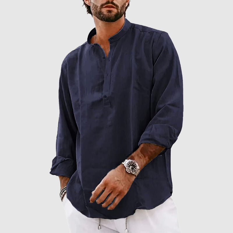 Men's Henley Shirt Relaxed Fit Band Collar Natural Fibers Long Sleeves Casual Everyday Wear