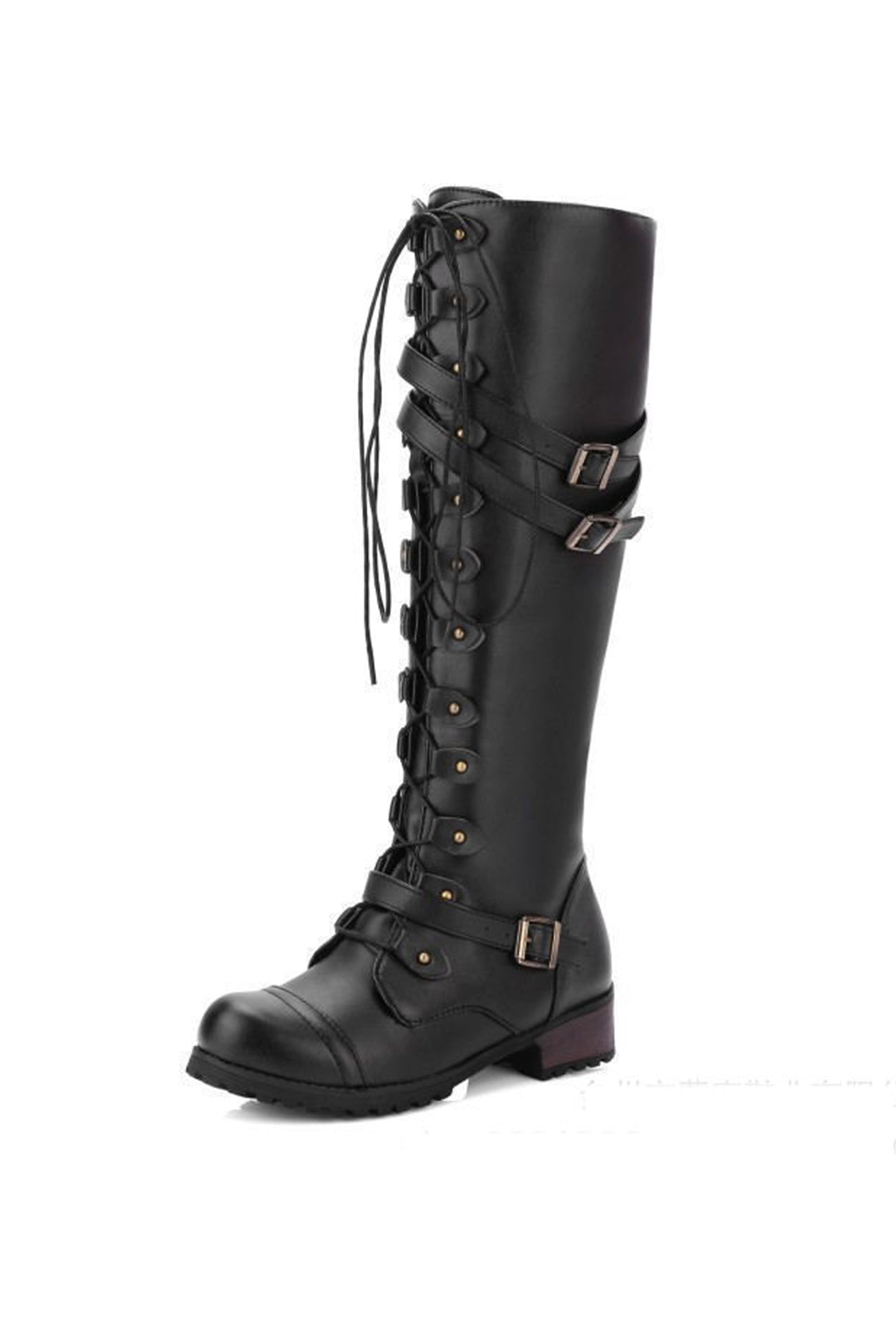Street Wave Rivet Lace Up Knee High Boots Edgy Knight Style With Buckle Straps And Rivet Accents For Bold Fashionistas