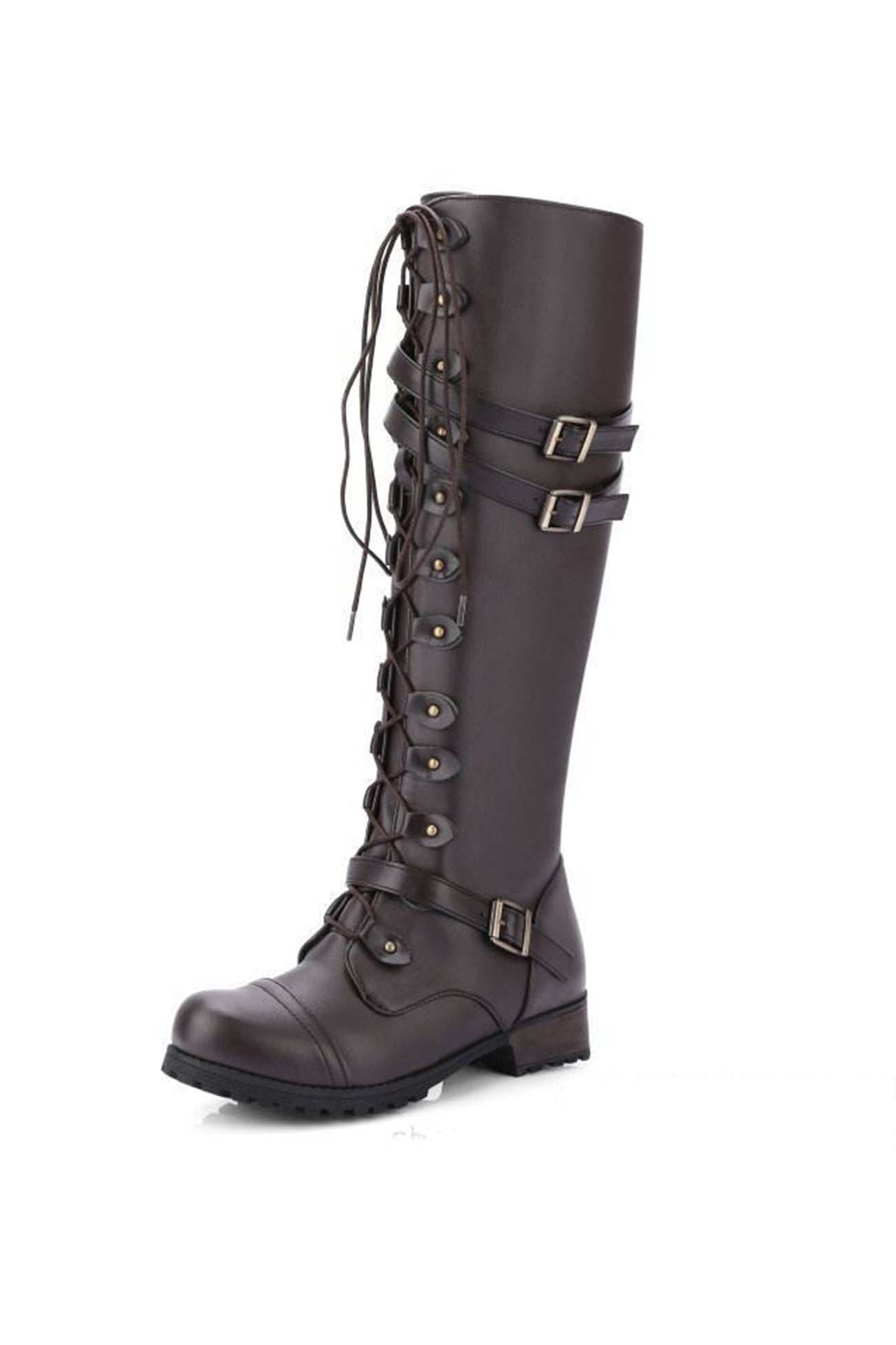 Street Wave Rivet Lace Up Knee High Boots Edgy Knight Style With Buckle Straps And Rivet Accents For Bold Fashionistas