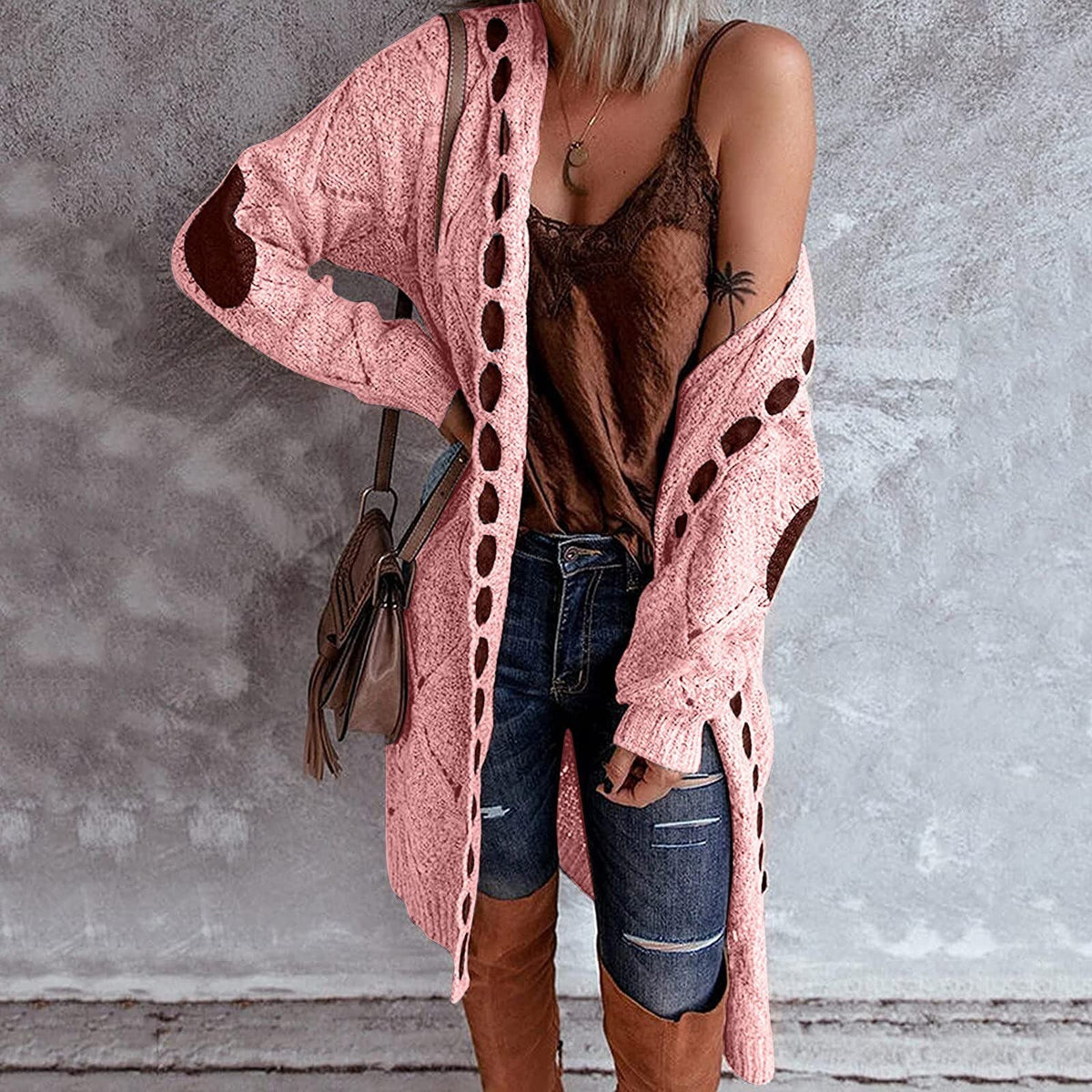 Street-wave Womens Cardigan Longline Cozy Knit With Playful Pattern Details And Bold Contrast Patches