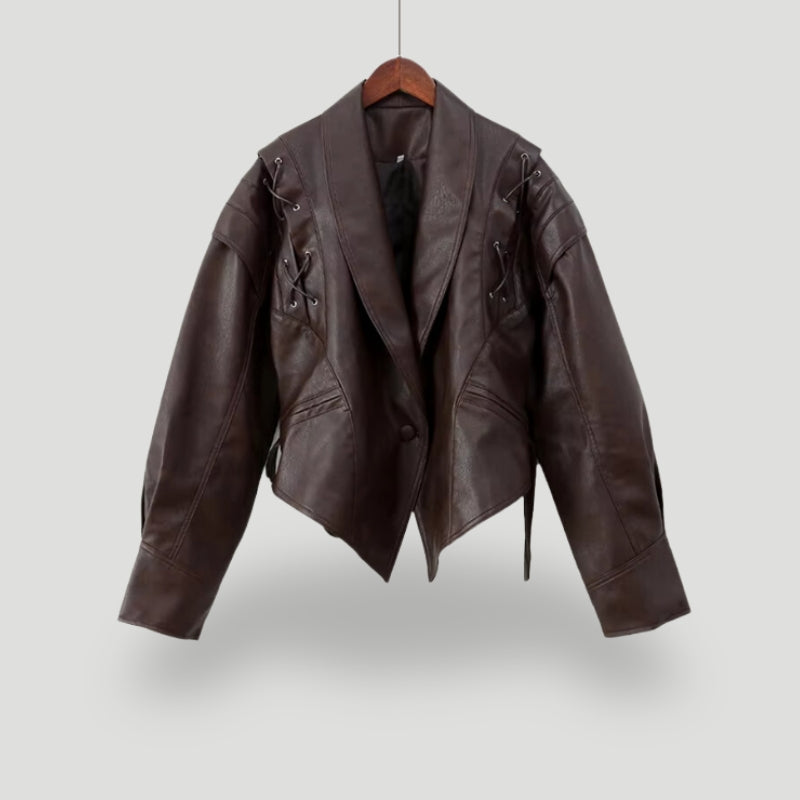 Street-wave Women's Leather Jacket Wrap Design Belted Fit