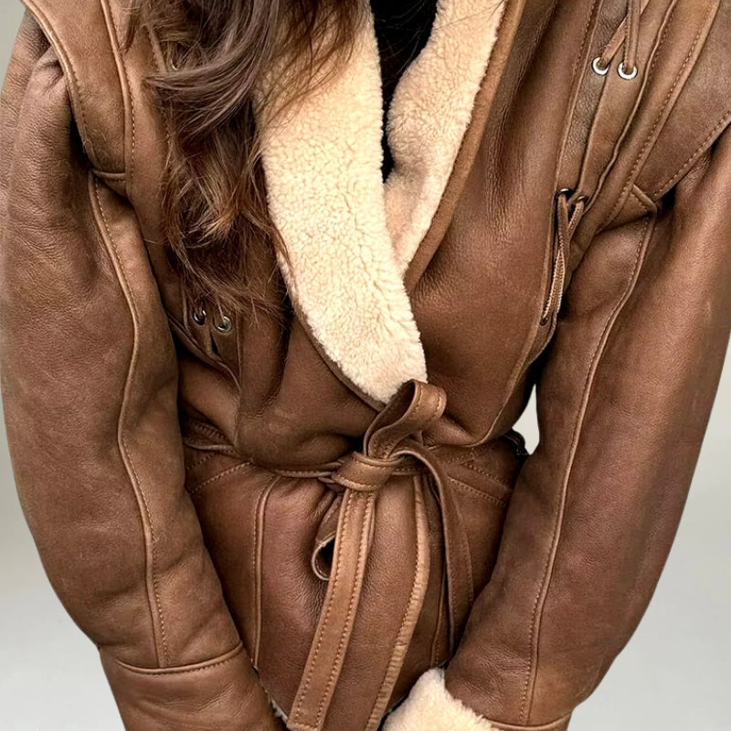 Street-wave Women's Leather Jacket Wrap Design Belted Fit