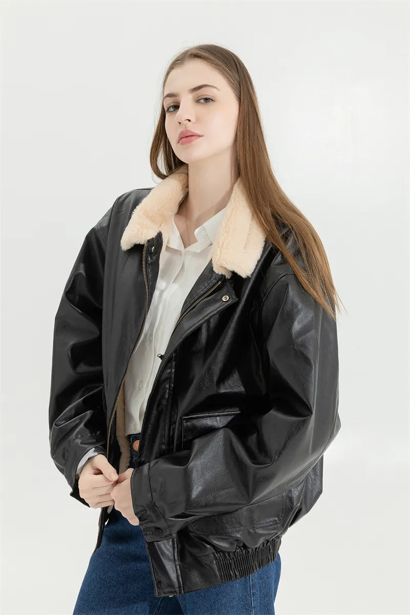 Street-Wave Shearling-Lined Winter Jacket For Men Warm Vintage Leather-Style Coat