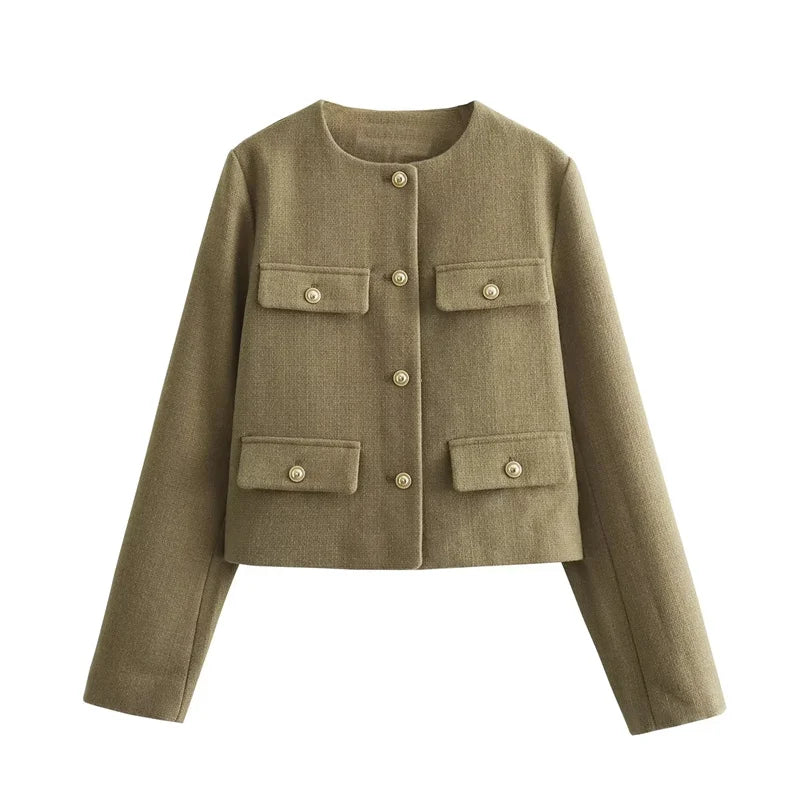 Street-Wave Bouclé Jacket for Women With Gold Buttons and Pockets Timeless Elegant Classic Style
