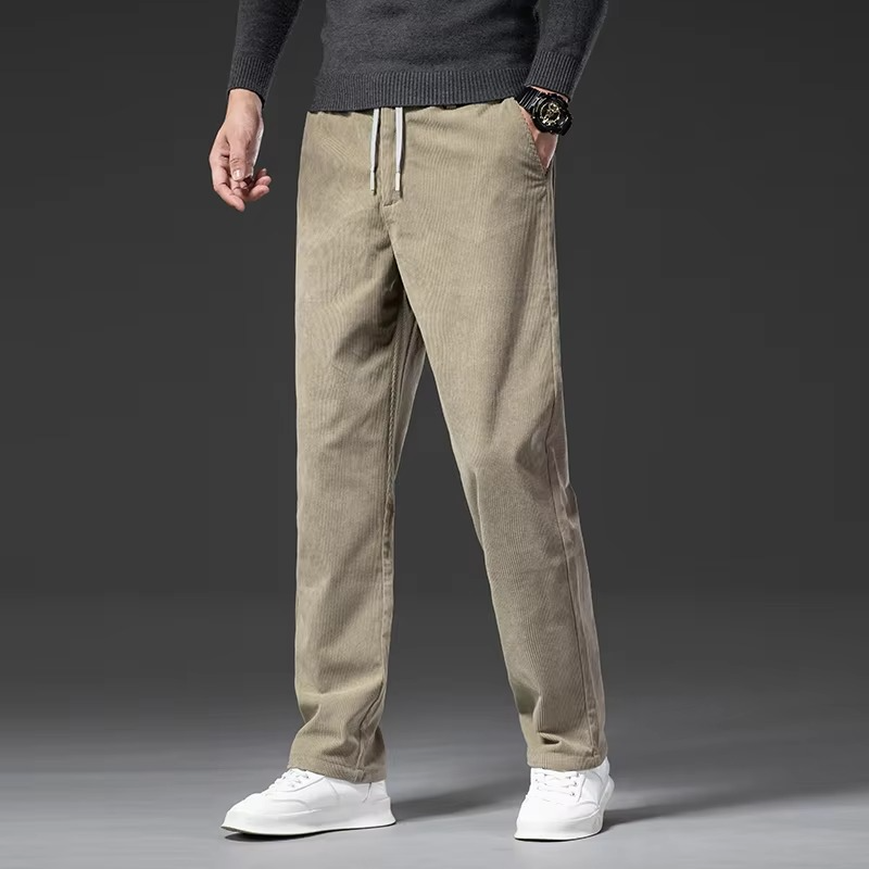 Street-Wave Corduroy Elastic Waist Straight Leg Pants for Men Comfortable Casual Work Trousers
