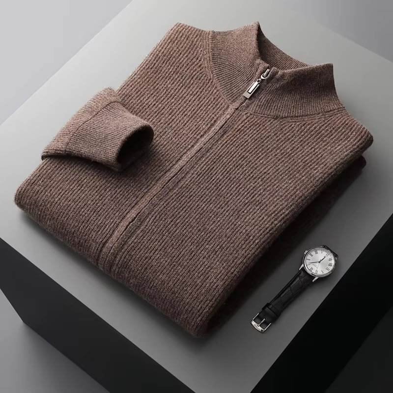 Men's 100 Percent Wool Zip Up Cardigan With Stand Collar Thick Knit Winter Sweater Jacket