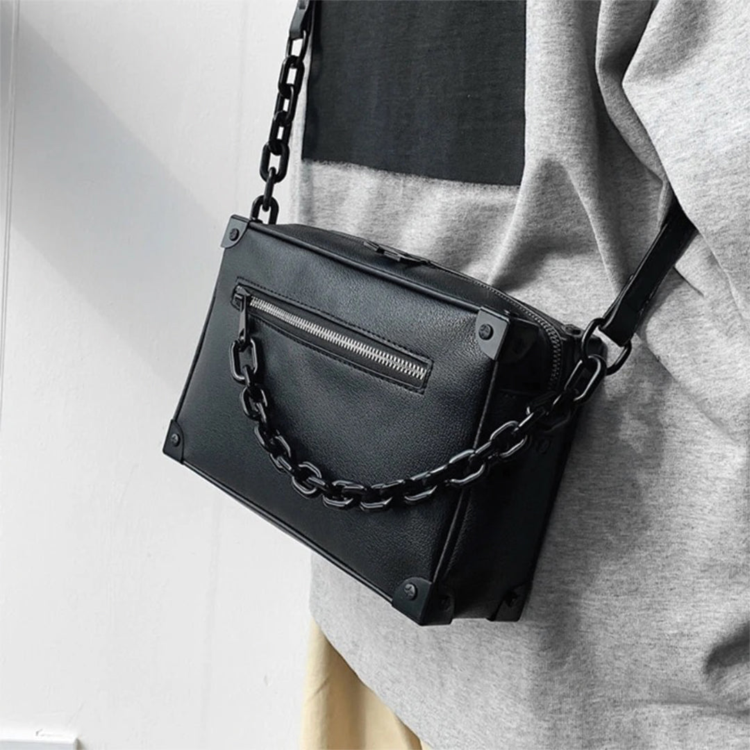 Street-Wave Black Crossbody Satchel - Detachable Chain Attachment And Envelope Closure