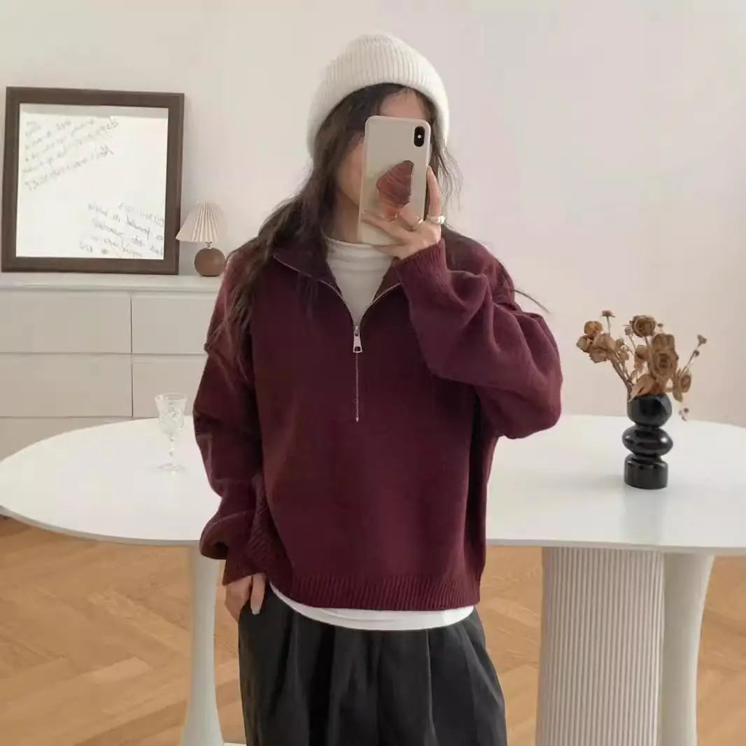 Street-Wave Aurora High Neck Knit Sweater Unisex Half Zip