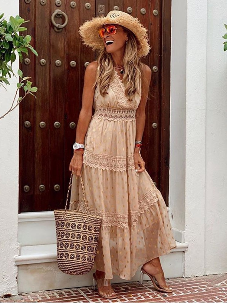 Street-Wave Boho Maxi Dress Sleeveless V-Neck With Lace Details Tiered Polka Dot Skirt Women