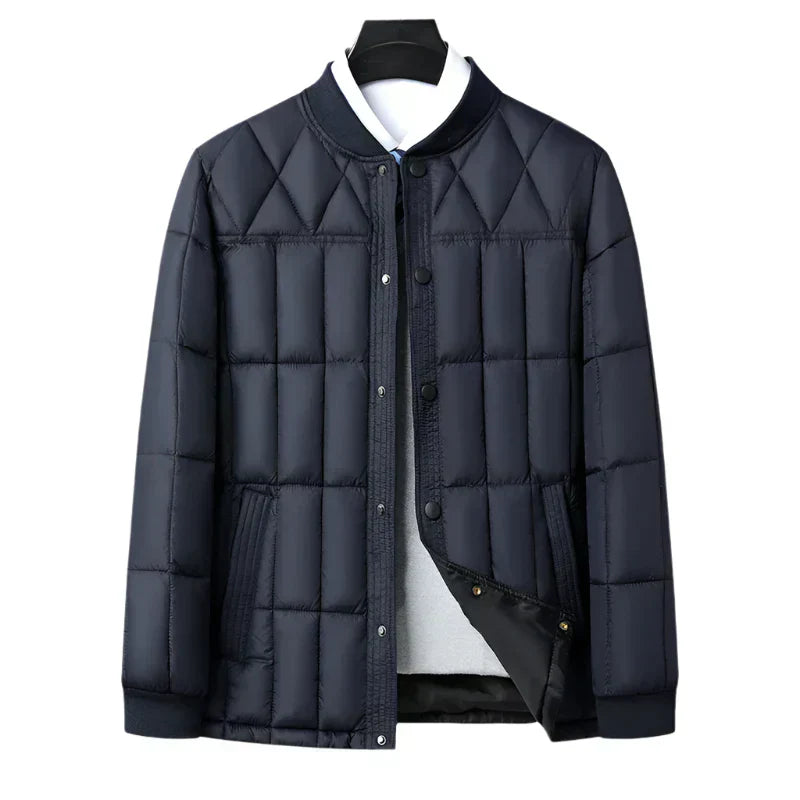 Street-Wave Men Beige Puffer Jacket With Geometric Stitching For Warmth And Lightweight Style