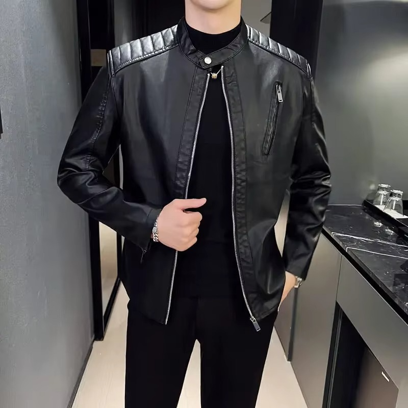 Men's PU Leather Motorcycle Jacket Zip Up Stand Collar Riding Coat for Spring and Fall Street-Wave