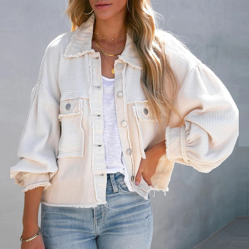 Street-wave Puff Sleeve Jacket For Women Cozy Cropped Cream Woven Coat Casual Everyday Chic