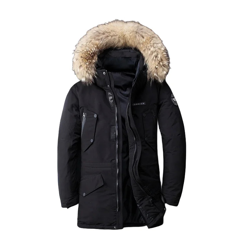 Street-Wave Mens Mid-Length Winter Parka With Hood Fur Trim Thermal Insulation For Extreme Cold Protection