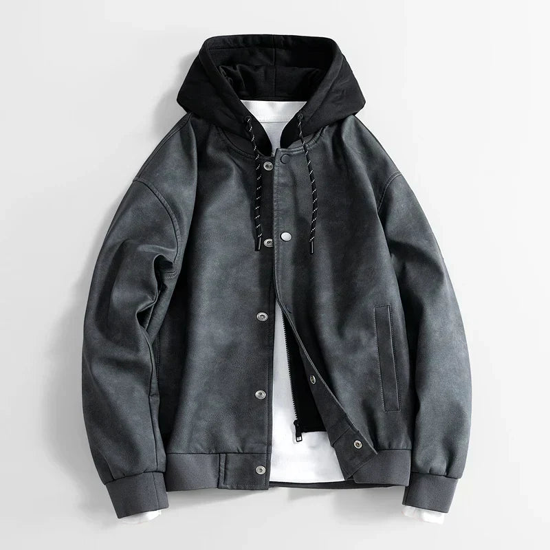 Street-wave Vegan Leather Hooded Jacket for Men Durable Soft Comfort Streetwear Style