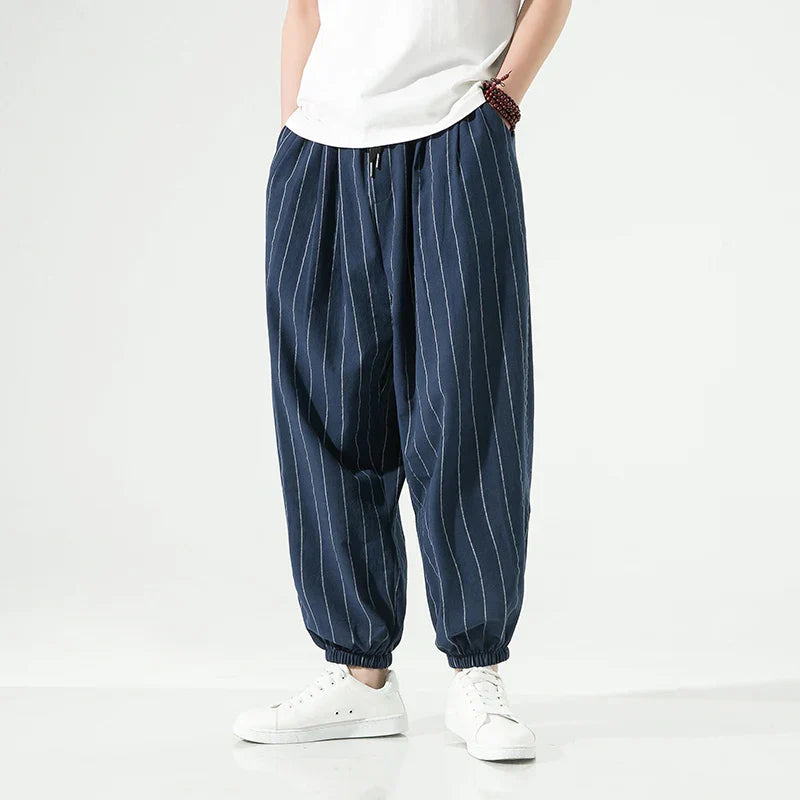 Street-Wave Premium Cotton Striped Trousers For Men With Pinstripe Detailing And Elastic Waistband