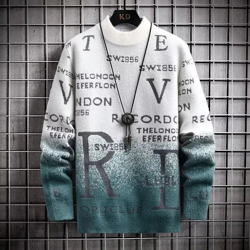 Mens Pullover Sweatshirt Relaxed Fit Knitted Wool Feel O Neck Text Print Modern Casual Everyday Wear Street-Wave