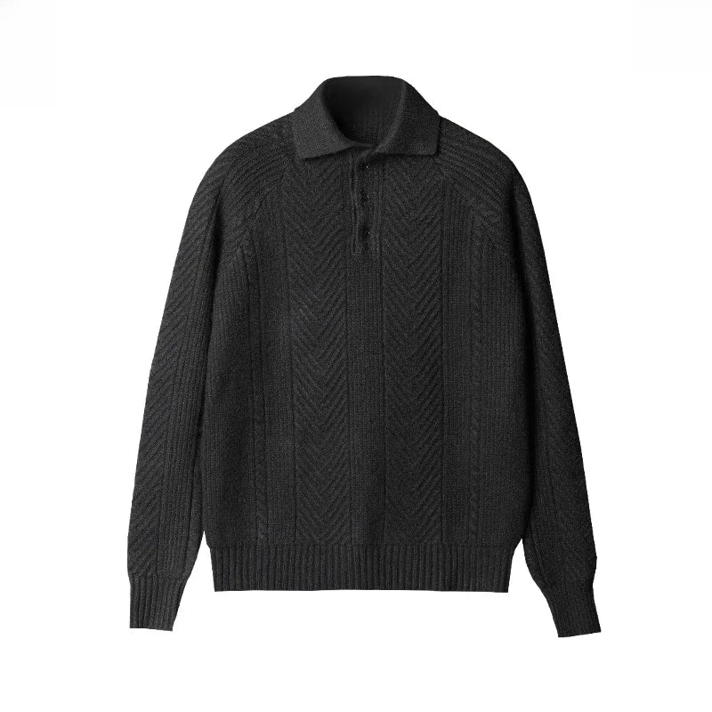 Men's Cable Knit Sweater With Polo Collar Slim Fit Long Sleeve Layering Knit Top