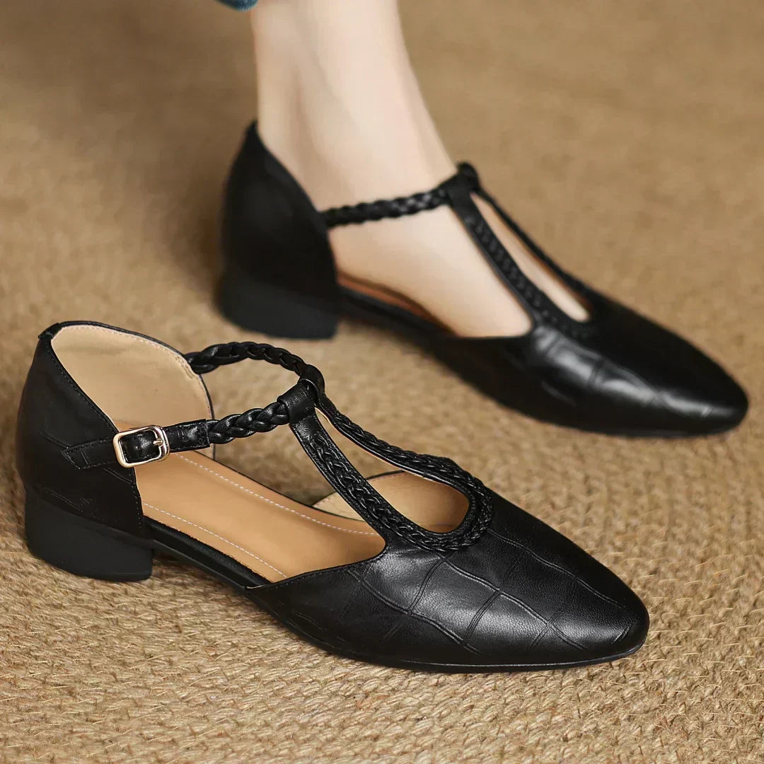 Women's T-Strap Pointed Toe Flats with Adjustable Strap and Durable Sole