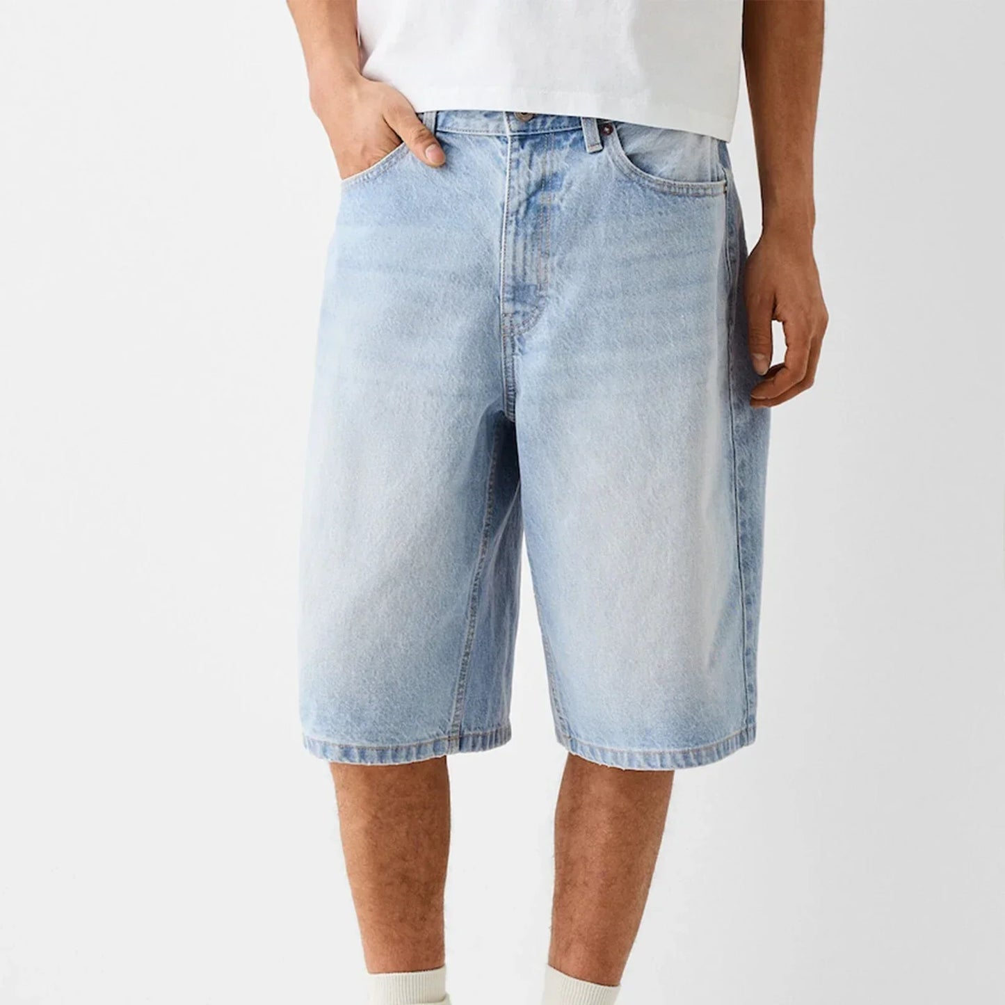Pulse Drift Wide Leg Denim Shorts For Men With Durable Stitching And Classic Five Pocket Design