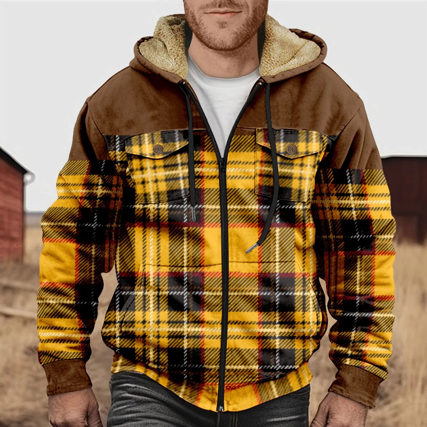 Street-Wave Fleece-Lined Plaid Flannel Hoodie Jacket For Men With Zip Closure Cozy Warm Winter Coat