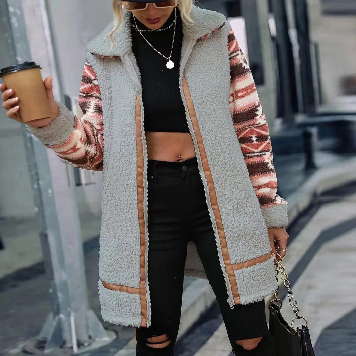 Street-wave Women's Sherpa Zip Hoodie Jacket - Cozy Warmth With Patterned Sleeves