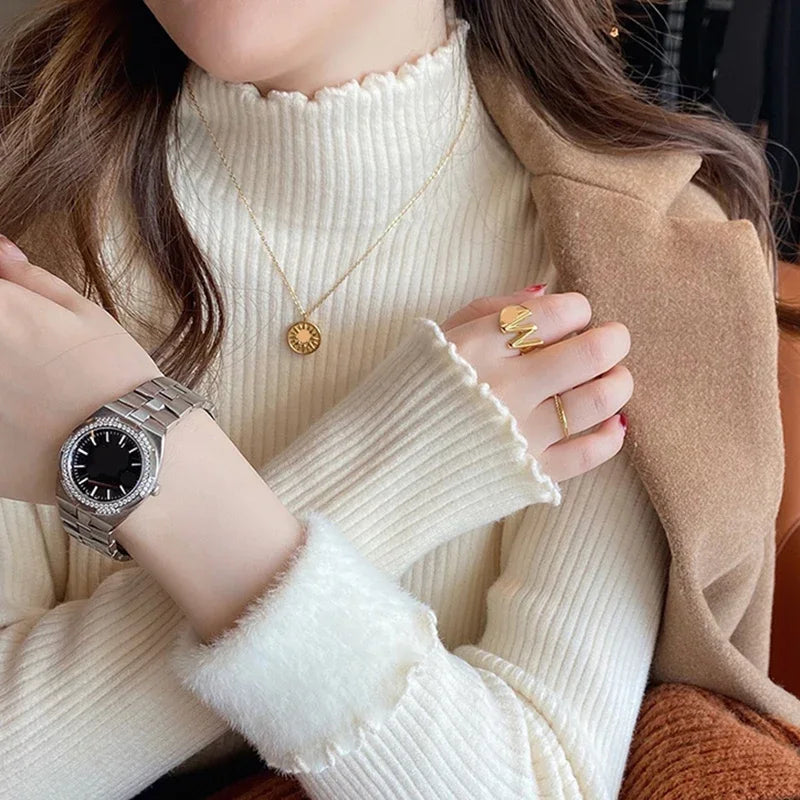 Street Wave Tarra Stand Collar Pullover For Women Cozy Chic Knit With Ruffle Hem