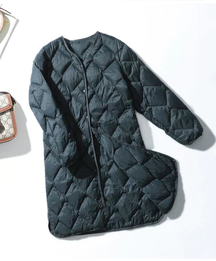 Streetwave Women's Long Quilted Puffer Coat With Front Zipper Diamond Stitch Warmth
