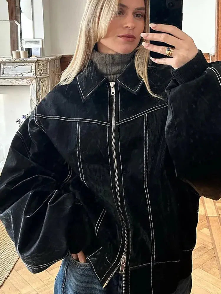 Street-wave Oversized Autumn Jacket For Plus Size Women, Cozy Layers, Casual Streetwear Essential
