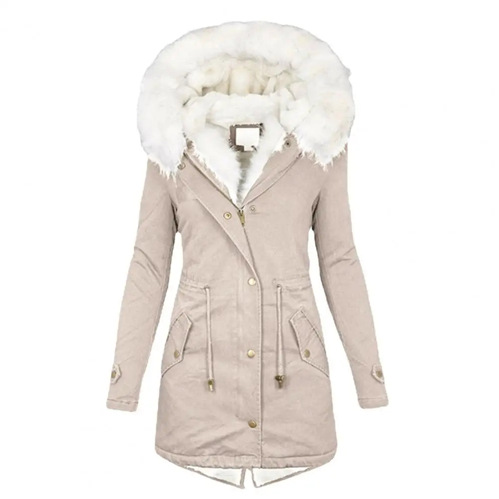 Street-Wave Long Parka Coat With Faux Fur Hood Warm Padded Winter Coat For Women
