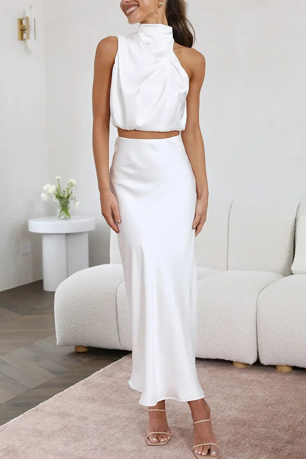 Street Wave Two Piece Satin Summer Set With Draped Sleeveless Blouse And Long Skirt For Women