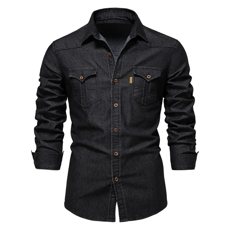 Street-Wave Henry Men's Denim Button Up Shirt Versatile Everyday Style