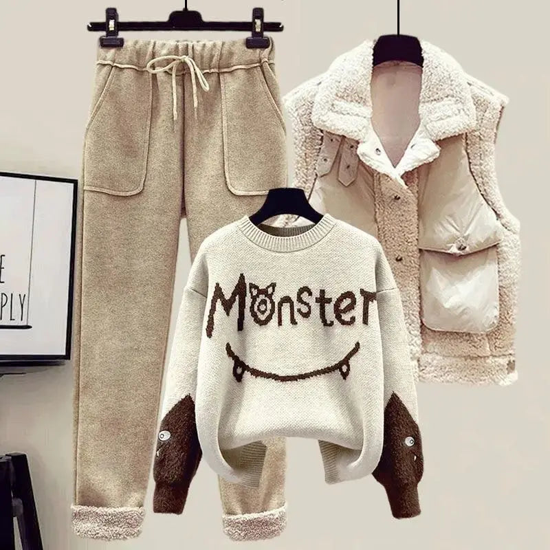 Street-Wave Winter Three-Piece Set for Women Cozy Fleece-Lined Warmth with Plush Vest