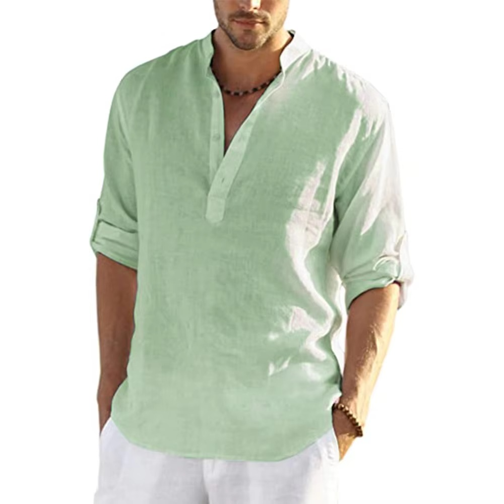 Mens Cotton Linen Casual Shirt Long Sleeve Lightweight Top Relaxed Fit Breathable Everyday Wear By Street-Wave